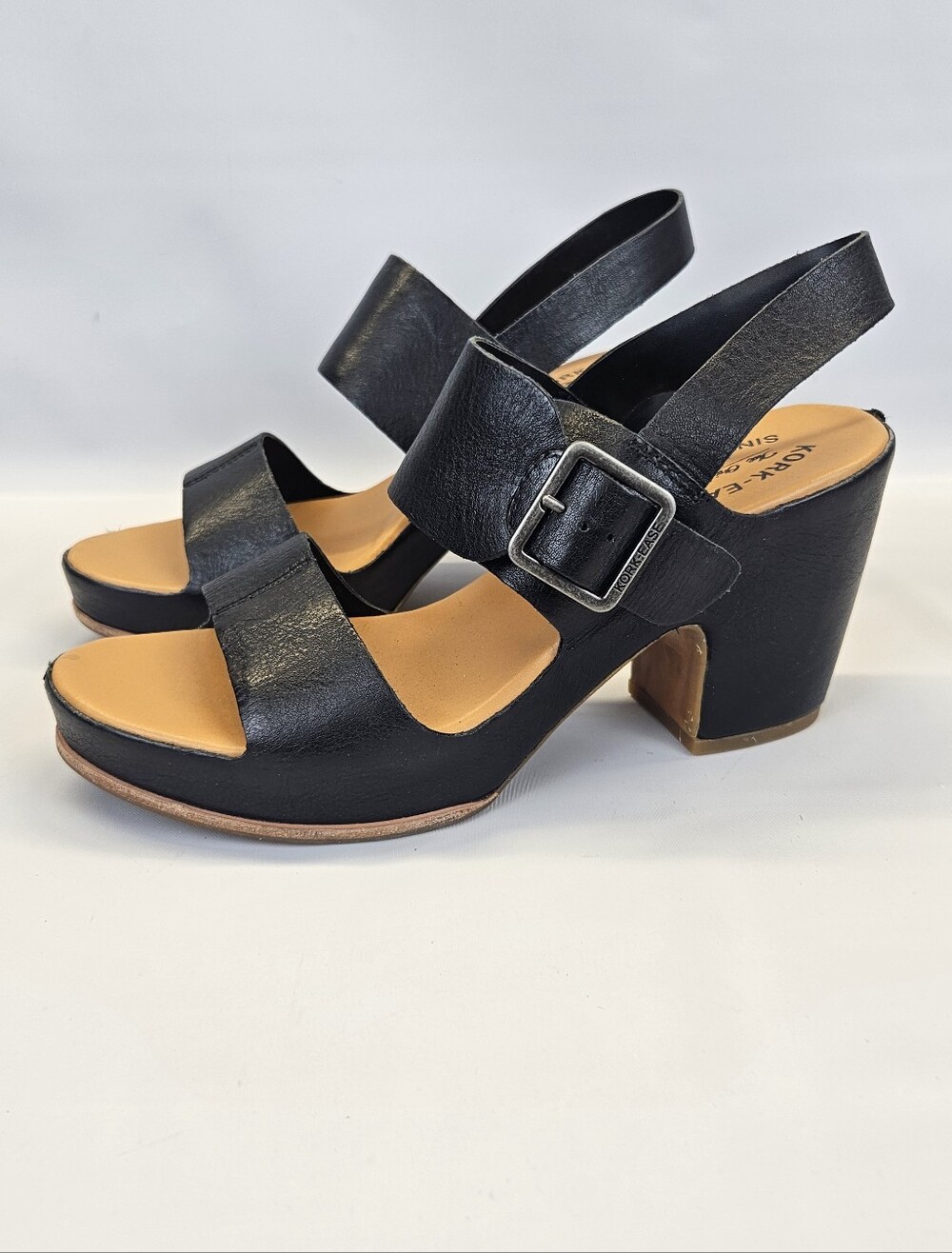Kork Ease San Carlos Heels Sandal Womens 10 Black Leather Platform Chunky Buckle